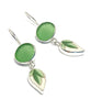 Green Sea Glass with Green & White Leaf Vintage Pottery Double Drop Earrings