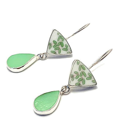Green Leaf Vintage Pottery with Mint Stained Glass Double Drop Earrings