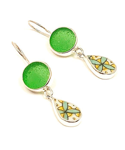 Green Sea Glass and Green and Yellow Patterned Vintage Pottery Double Drop Earrings