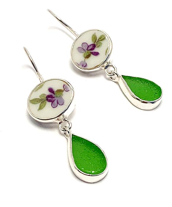 Delicate Purple Flowers & Green Sea Glass Double Drop Earrings