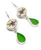 Delicate Purple Flowers & Green Sea Glass Double Drop Earrings