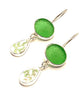 Green Sea Glass and Green & White Leaves Vintage Pottery Double Drop Earrings
