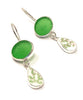 Green Sea Glass and Green & White Leaves Vintage Pottery Double Drop Earrings