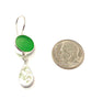 Green Sea Glass and Green & White Leaves Vintage Pottery Double Drop Earrings