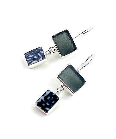 Dark Grey Sea Glass with Black & White Vintage Pottery Double Drop Earrings