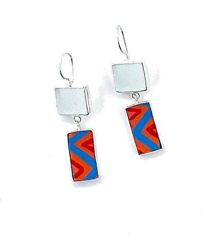 Frosted Clear Sea Glass and Bold Patterned Guatemalan Pottery Double Drop Earrings