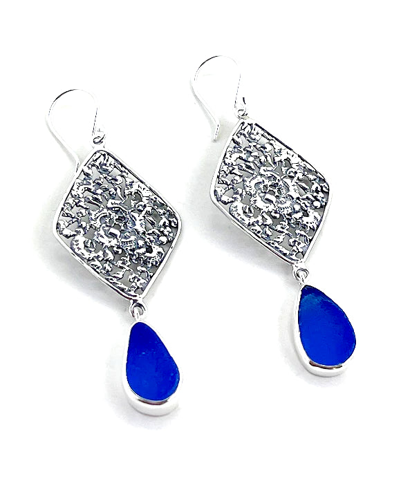 Lace Cast in Sterling Silver with Blue Sea Glass Drops