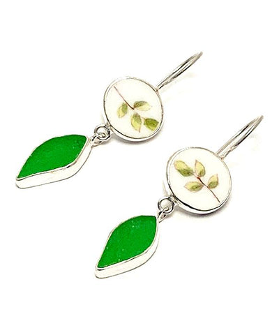Delicate Leaf Vintage Pottery with Sea Glass Leaves Double Drop Earrings