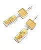 Yellow Sea Glass with Orange & Yellow Flower Vintage Pottery Rectangle Double Drop Earrings