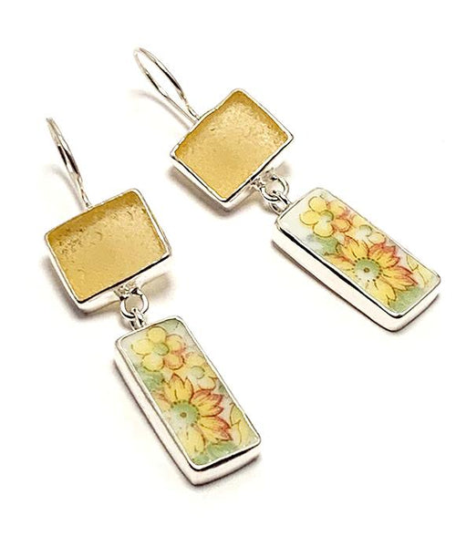 Yellow Sea Glass with Orange & Yellow Flower Vintage Pottery Rectangle Double Drop Earrings