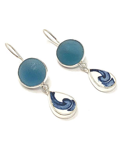 Blue & White Swirl Vintage Pottery with Teal Blue Sea Glass Marble Double Drop Earrings