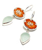 Bold Orange Flower Vintage Pottery & Soft Green Sea Glass Drops Double Drop Earrings
