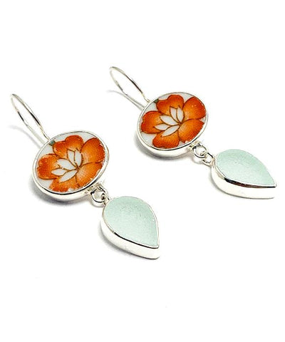 Bold Orange Flower Vintage Pottery & Soft Green Sea Glass Drops Double Drop Earrings
