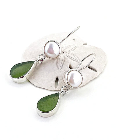 Olive Green Sea Glass with Pearl Earrings Double Drop Earrings