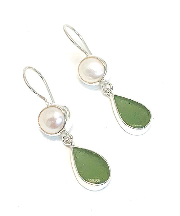 Light Olive Sea Glass with Pearl Earrings Double Drop Earrings