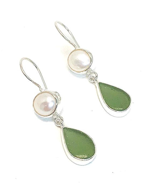 Olive Sea Glass with Pearl Earrings Double Drop Earrings