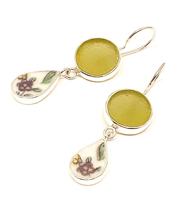 Chartreuse Sea Glass & Purple Flower Vintage Pottery Double Drop Earrings