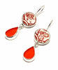 Red & White Floral Vintage Pottery with Orange Stained Glass Double Drop Earrings