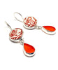 Red & White Floral Vintage Pottery with Orange Stained Glass Double Drop Earrings