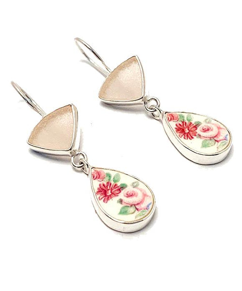 Pink Sea Glass with Pink Flowers Vintage Pottery Double Drop Earrings