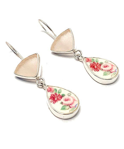 Pink Sea Glass with Pink Flowers Vintage Pottery Double Drop Earrings
