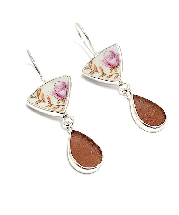 Delicate Purple Flowers & Dusty Purple Sea Glass Double Drop Earrings