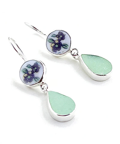 Purple Flower Vintage Pottery with Jadeite Sea Glass  Double Drop Earrings