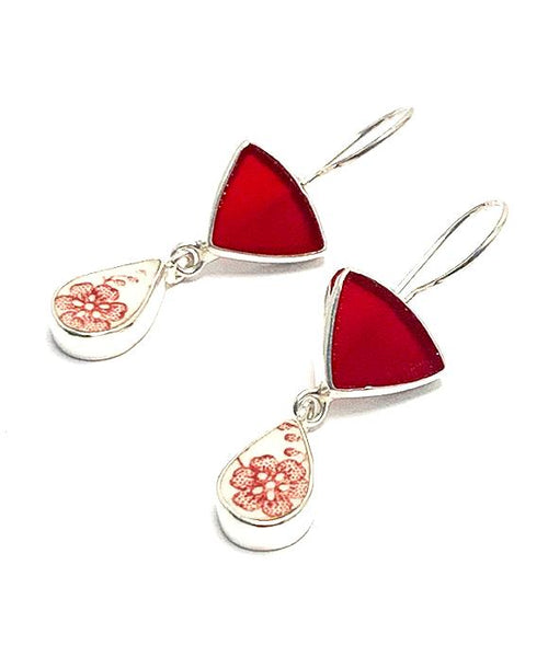 Red Sea Glass with Red & White Floral Vintage Pottery Double Drop Earrings