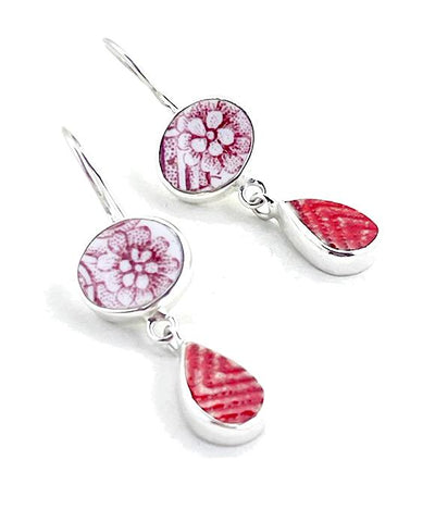 Red & White Floral & Red Textured Vintage Pottery Double Drop Earrings