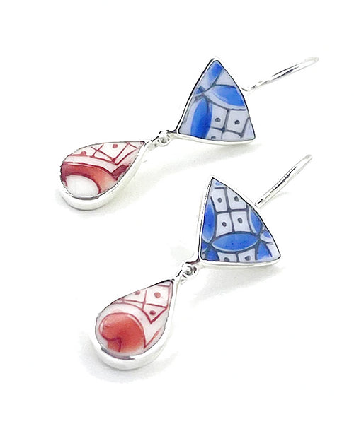 Blue & White with Rust Patterned Vintage Pottery Double Drop Earrings