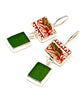Red, White & Green Leaf Vintage Pottery with Forest Green Sea Glass Double Drop Earrings