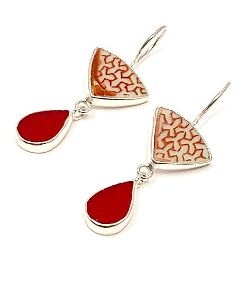 Red Sea Glass with Geometric Rust Vintage Pottery Double Drop Earrings