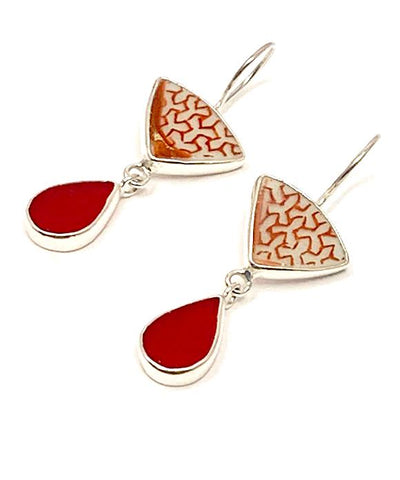 Red Sea Glass with Geometric Rust Vintage Pottery Double Drop Earrings