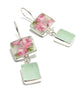 Delicate Pink Roses & Soft Mint Sea Glass Double Drop Earrings