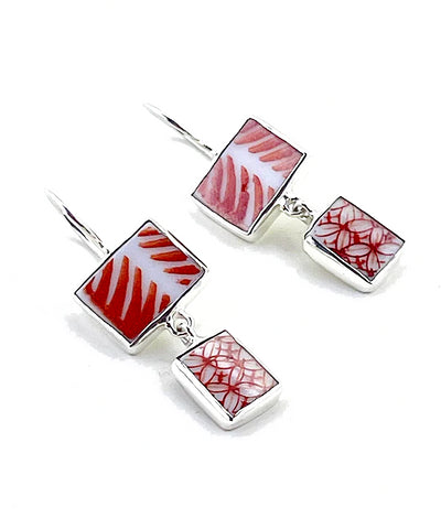 Bold Orange Patterned Vintage Pottery Double Drop Earrings