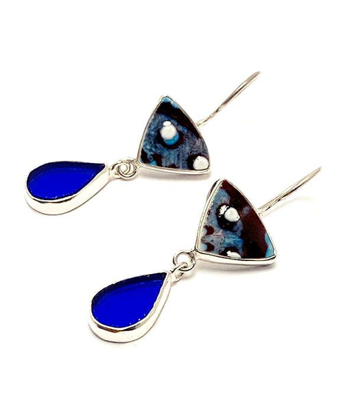 Dark Turquoise & Purple Spanish Pottery and Cobalt Stained Glass Double Drop Earrings