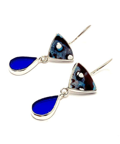 Dark Turquoise & Purple Spanish Pottery and Cobalt Stained Glass Double Drop Earrings