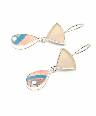 Pink Sea Glass with Pink & Turquoise Spanish Pottery Double Drop Earrings
