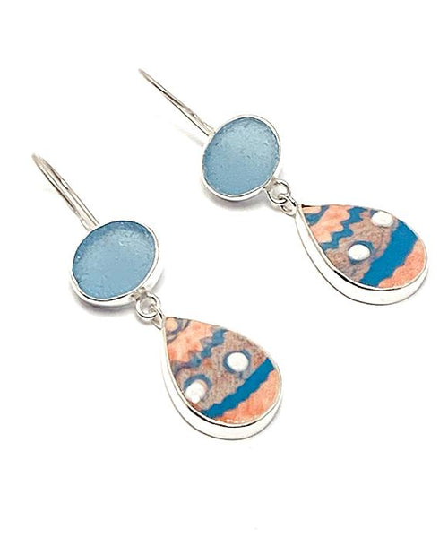 Aqua Sea Glass and Turquoise & Pink Spanish Pottery Double Drop Earrings