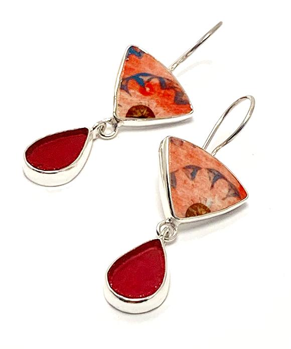Red & Turquoise Spanish Pottery and Raspberry Stained Glass Double Drop Earrings