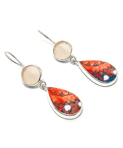 Pink Sea Glass with Red & Turquoise Spanish Pottery Double Drop Earrings