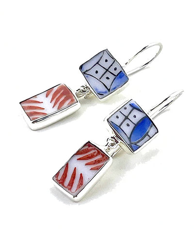 Blue & White with Rust Vintage Pottery Rectangle Shaped Double Drop Earrings