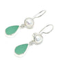 Dark Aqua Sea Glass with Pearl Earrings Double Drop Earrings