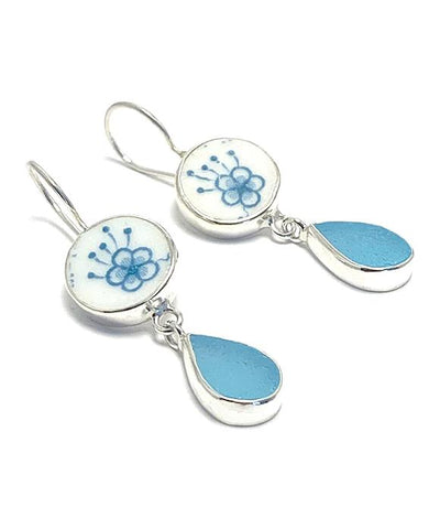 Simple Aqua Flowers & Aqua Sea Glass Double Drop Earrings