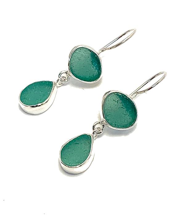 Shades of Turquoise Green Natural Shape Sea Glass Double Drop Earrings
