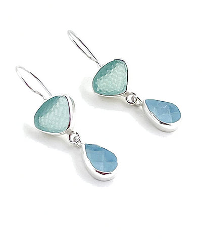 Textured Aqua and Light Blue Sea Glass Double Drop Earrings