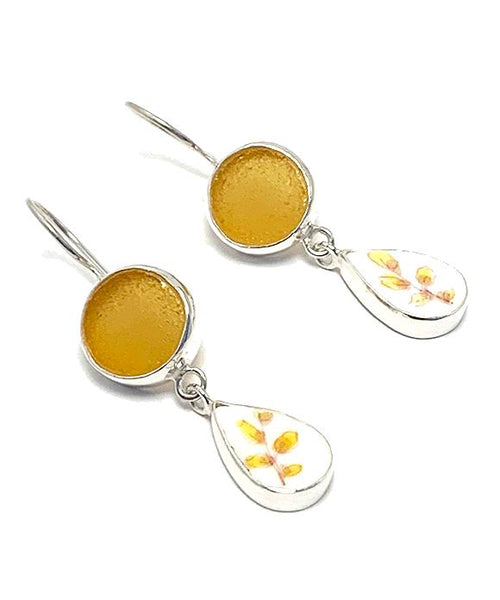 Amber Sea Glass and Yellow Flower Vintage Pottery Double Drop Earrings