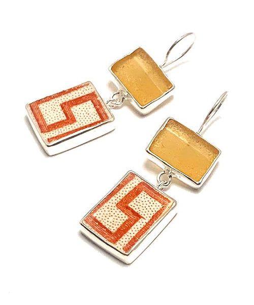 Amber Sea Glass with Geometric Rust Vintage Pottery Rectangle Double Drop Earrings