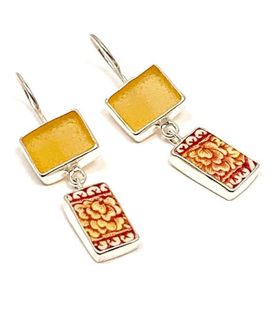 Amber Sea Glass with Red, White & Yellow Flower Vintage Pottery Rectangle Double Drop Earrings