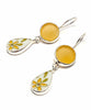 Amber Sea Glass with Retro Yellow Daisy Vintage Pottery Double Drop Earrings